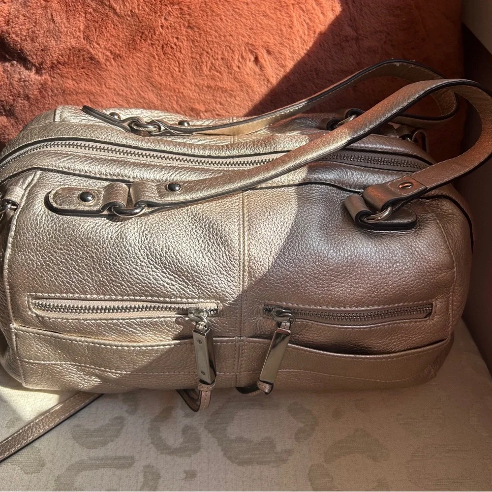 B.Makowsky Champagne Metallic Satchel Leather Crossbody Bag